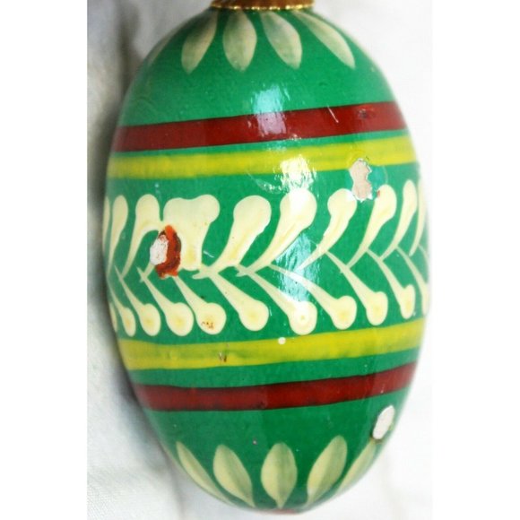 Polish Wooden Egg Ornament Painted Green Red Yellow Designs Christmas Holiday - Picture 10 of 11